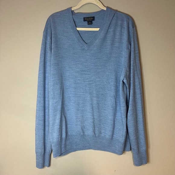 Brooks Brothers Blue Saxxon Wool Sweater V-Neck Pullover 100% Wool - Picture 1 of 5